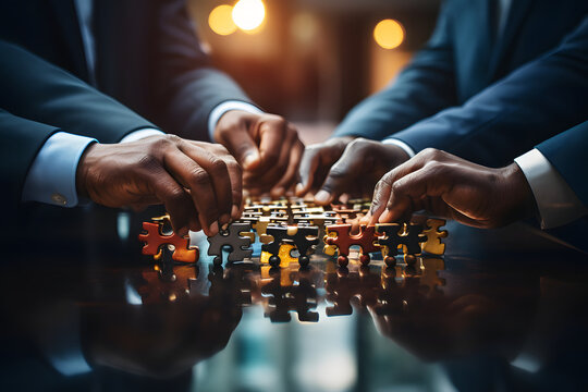  Business people , puzzle pieces, fitting them together.