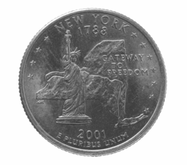 Quarter of dollar, coin isolated on white, clipping path, Getaway freedom, New York