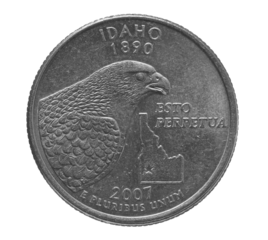 Quarter of dollar, coin isolated on white, clipping path, Esto perpetua,  Idaho