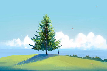 anime girl standing under the blue cloudy sky original illustration