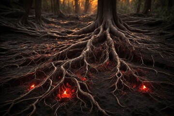 Roots of a very old tree crawling across the dark earth in the darkness and small flames about to start a fire