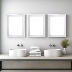 three square, picture frames, white perfect square frames, vertically aligned on the wall. Bathroom setting. blank picture in the frames. mock-up.
