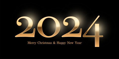 2024 golden number with congratulations vector illustration. Merry Christmas and Happy new year banner template. Festive postcard, xmas greeting card design. Holiday congratulations