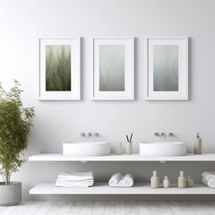 Fototapeta na wymiar three square, picture frames, white perfect square frames, vertically aligned on the wall. Bathroom setting. blank picture in the frames. mock-up.
