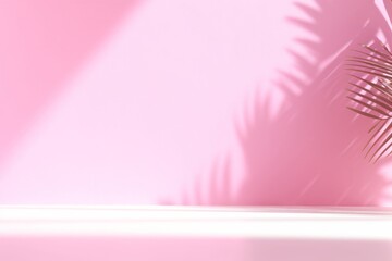 Blurred background. Abstract pink studio background for product presentation. Empty room with shadows of window and flowers and palm leaves . 3d room with copy space. Summer, Generative AI