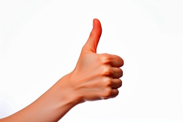 a hand raising its thumbs. A woman's hand on a white background, giving a big thumbs up only hand is looking