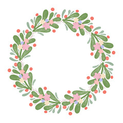 A lush and colorful wreath of flowers and leaves is digitally painted in a watercolor style. The wreath is made up of a variety of flowers