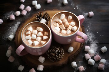 Fototapeta na wymiar two cups of hot chocolate with marshmallows winter season
