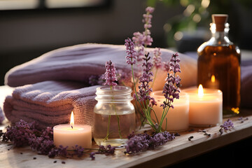 Obraz na płótnie Canvas Serene spa setting with natural cosmetics products, lavender.