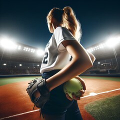 A wideangle shot of a softball player illuminated by the bright lights of the stadium
