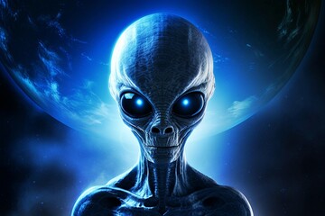 Alien on earth at dark blue background - obrazy, fototapety, plakaty