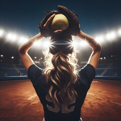 A wideangle shot of a softball player illuminated by the bright lights of the stadium