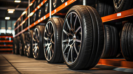 Fototapeta premium Car tires in the shop. Auto service industry. Selective focus. 3d rendering of car tires in a car repair service station. Rows of car tires in warehouse. 
