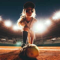 A wideangle shot of a softball player illuminated by the bright lights of the stadium