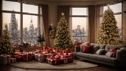 A cozy living room adorned with a majestic Christmas tree, surrounded by beautifully wrapped gifts, as the evening light streams in through the window, revealing a breathtaking cityscape