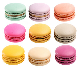 Collection of nine macarons in different colours isolated on transparent background, food bundle