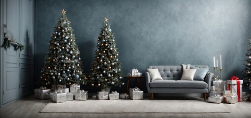 Near a chair and a dusty blue textured wall is a Christmas tree with gifts. living room is empty. a mock-up of a wall scene