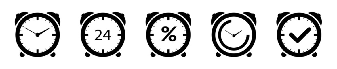 Icon of time, time remaining until the alarm black simple clock on a white background shows the time 24 hours eps10