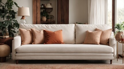 Interior design of a modern living room featuring a fabric sofa with white and terracotta pillows