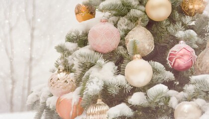 Decorazioni su albero di Natale color pastello rosa e oro con rami coperti di neve