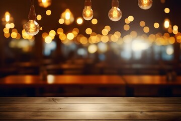  Image of wooden table in front of abstract blurred restaurant lights background.