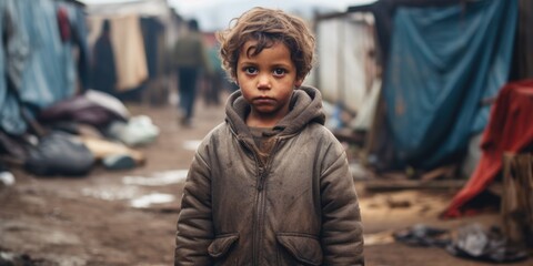 Civilian refugee affected from aggression of war and battle escape city from war zone which has no little comeliness - obrazy, fototapety, plakaty