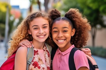 Beautiful American girls grinning broadly on their first day of background school. The idea of, Back to School.