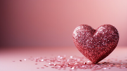 Valentine's Day Card. Glitter heart on a pink background with bokeh