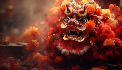 Tuinposter Lion dancer in mid leap, capturing the energy and grace of chinese new year celebration © Ilja
