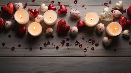 St. Valentine's Day concept. Wooden background with hearts, gifts, and candles.