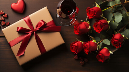 Fototapeta na wymiar Valentine's Day holiday concept. Fresh red roses and a gift box on a wooden table