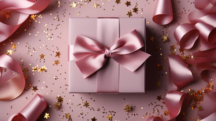 Pink gift box with bow on pink background with hearts and glitters. Valentines Day banner. Top view.