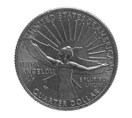 Quarter of dollar, coin isolated on white, clipping path, Maya Angelou, American Women