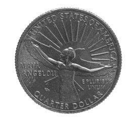 Quarter of dollar, coin isolated on white, clipping path, Maya Angelou, American Women