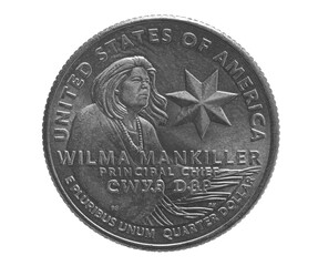 Quarter of dollar, coin isolated on white, clipping path, Wilma Mankiller  principal chief