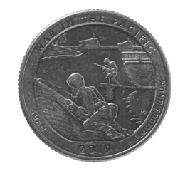Quarter of dollar, coin isolated on white, clipping path, War in the pacific