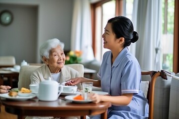 Obraz na płótnie Canvas healthcare, an old woman eating breakfast at her house and at the living room table with a nurse. Assistance or dialogue, caretaker and discussion with a medical professional with an elderly woman