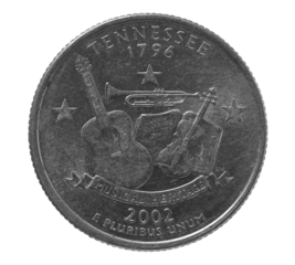 Quarter of dollar, coin isolated on white, clipping path, Musical heritage, Tennessee