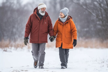 Snowy Stroll: Elderly Couple Embraces Winter's Beauty on a Frosty Walk, AI generated - obrazy, fototapety, plakaty