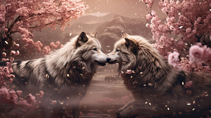 Romantic tale of two wolves dancing under a cascade of cherry blossoms Ai Generative