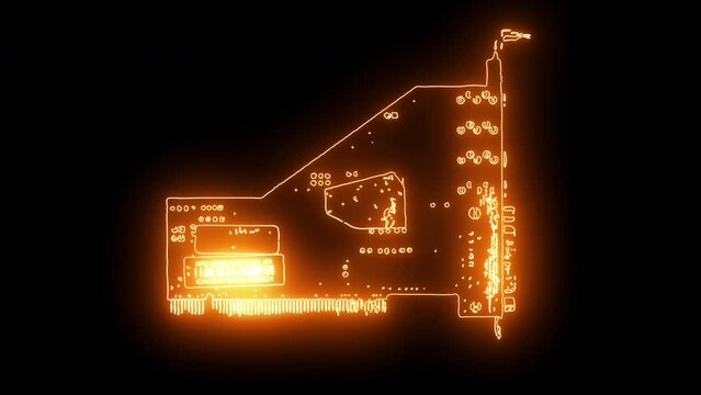 Realistic energy flow data visualization concept of a computer display card circuit board power movement in UHD. Neon booting digital technology animation in 4K. Neon lines futuristic background.