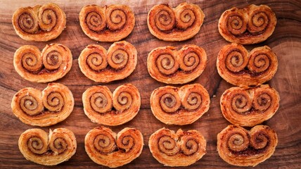 Closeup top view of crusty Cinnamon sugar palmiers on a wooden surface