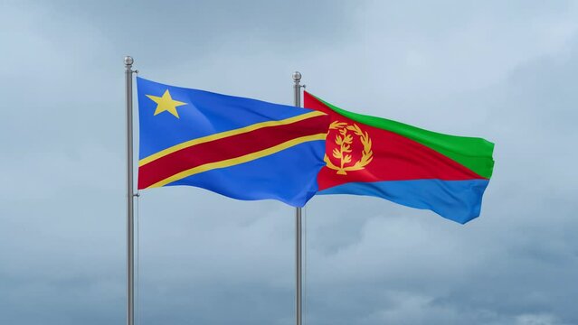 Eritrea and Democratic Republic of the Congo flag waving together on cloudy sky, endless seamless loop, two country cooperation concept