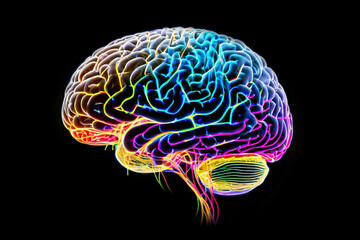 Digital illustration of a human brain with colorful bright colors. Symbolizing artificial intelligence, futuristic digital technology human and robot face close up, digital smart world. ai generated.