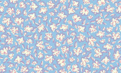 Cute light shadows with outlined flowers seamless repeat pattern on light blue background. Random placed, vector botany all over surface print.