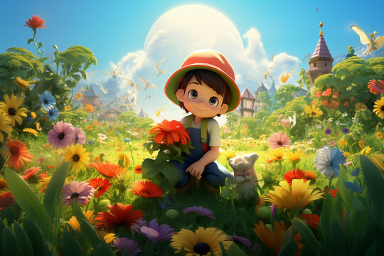 A cute girl is surrounded by a garden of beautiful colorful flowers, 3D, happy, smiling, bright