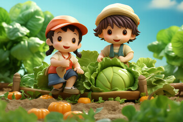 Fototapeta premium Child farmer is having fun in the garden, 3D, happy, smiling, bright