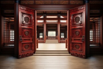 Obraz premium Vibrant chinese new year temple entrance with lanterns and banners, inviting visitors to celebrate.