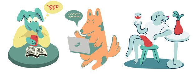set of humans as dogs in vector.Template for postcard sticker logo poster for app website. A series of furry dogs in flat style
