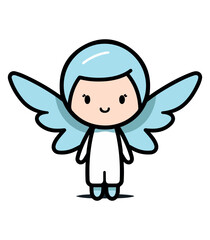 Cute winged angel drawing vector, blue and white color, print ready, editable.